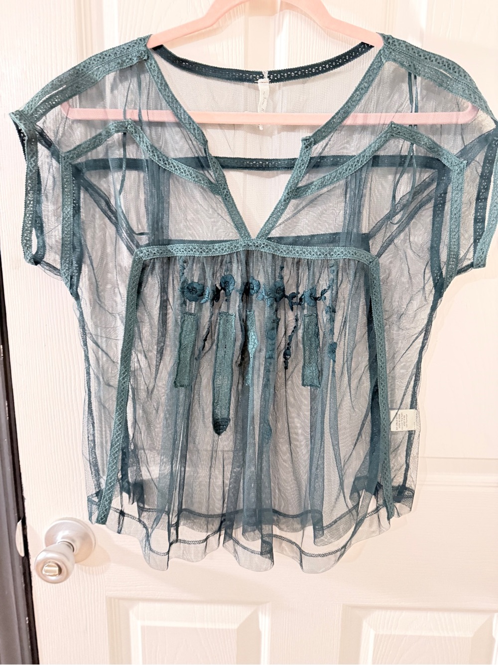 Sheer Teal Lace Trim V-Neck Top